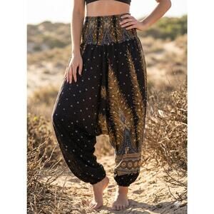 Earthbound Peacock Harem Pants Smocked Jumpsuit Boho Coastal Cowgirl